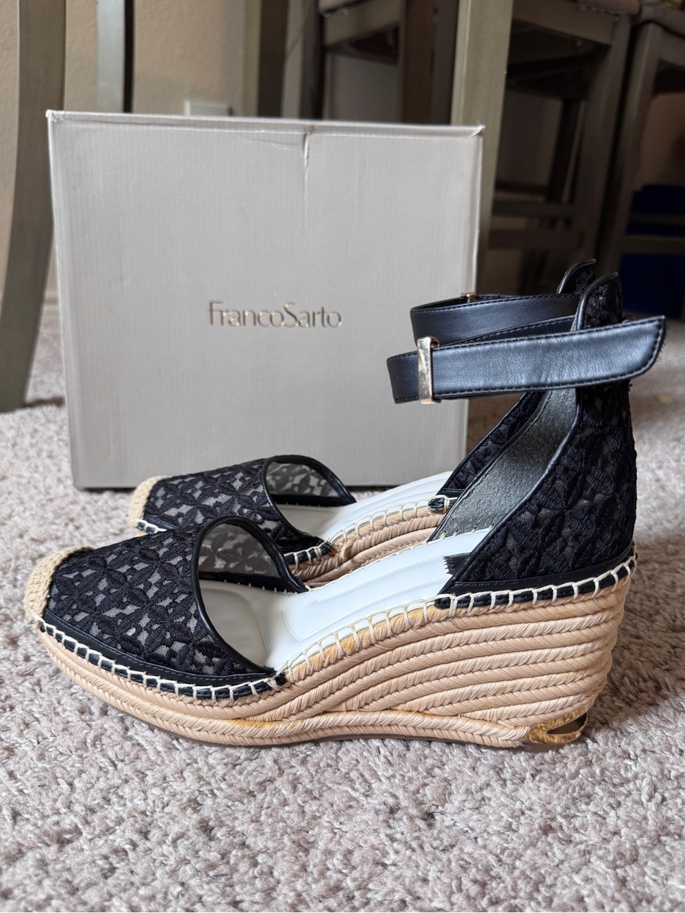 Franco Sarto Black Lace and Natural Espadrille Wedge Sandals